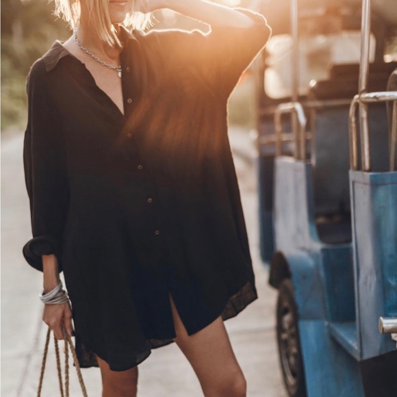 New Black Long Sleeve Button Front Shirt Dress Tunic Summer Beach Fall Market - Picture 2 of 8